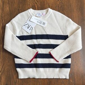 Zara Cream and Navy Striped Sweater